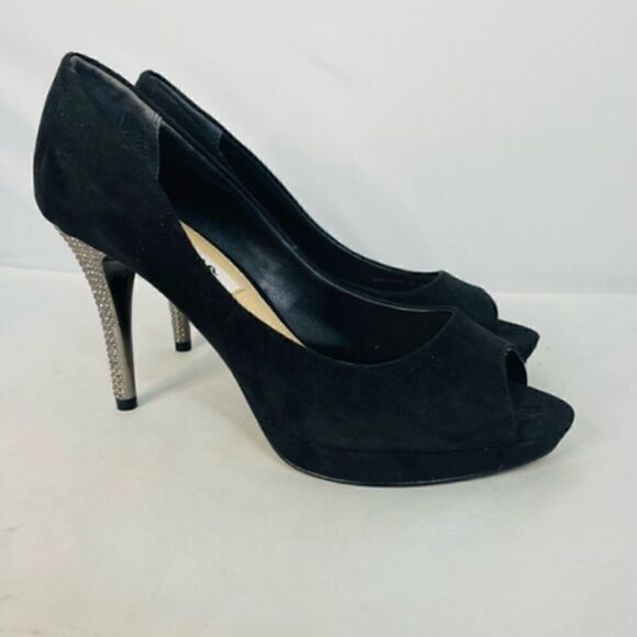Nina "Faiza - FY" Women's 8.5 True Black Suede Embellished Peep Toe Trendy Heels - Picture 5 of 8